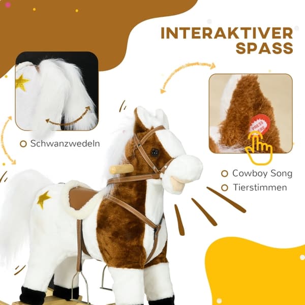 Rootz gyngehest - Sadel med stigbøjler - Plys ride-On Legetøj - Lydeffekter - Musik - Metalramme - 68cm x 26cm x 62cm - Op til 30 kg - Brun