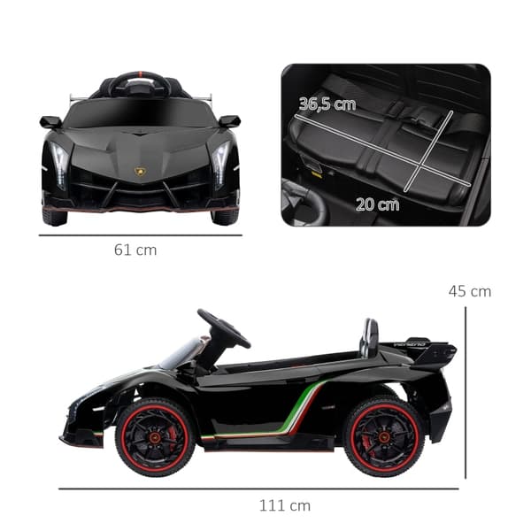 Rootz elektrisk børnebil - Licenseret Lamborghini Veneno - Ride-on bil til børn - Fjernbetjening - Musikafspiller - 111 cm x 61 cm x 45 cm - Sort