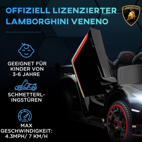 Rootz elektrisk børnebil - Licenseret Lamborghini Veneno - Ride-on bil til børn - Fjernbetjening - Musikafspiller - 111 cm x 61 cm x 45 cm - Sort