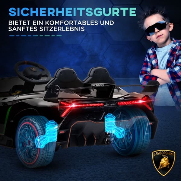 Rootz elektrisk børnebil - Licenseret Lamborghini Veneno - Ride-on bil til børn - Fjernbetjening - Musikafspiller - 111 cm x 61 cm x 45 cm - Sort