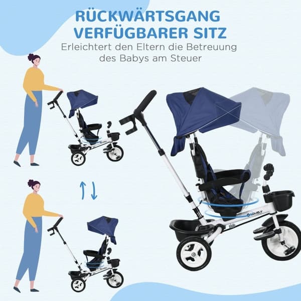 Rootz 6-i-1 trehjulet cykel til børn - Trike til børn - Toddler Cykel - Push Bar - Solsejl - Refleksstrimler - 112 cm x 50 cm x 104 cm - Mørkeblå
