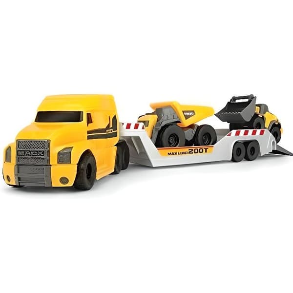 Dickie Toys Volvo Mack lastbil med 2 Volvo-fordon på släp, dumper och hjullastare, löstagbar släp, delar