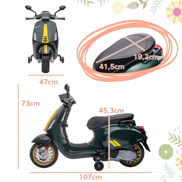Rootz 6V Vespa elektrisk motorcykel för barn - Åkande motorcykel - Träningshjul - Strålkastare och musik - Stabil och säker - 107cm x 47cm x 73cm