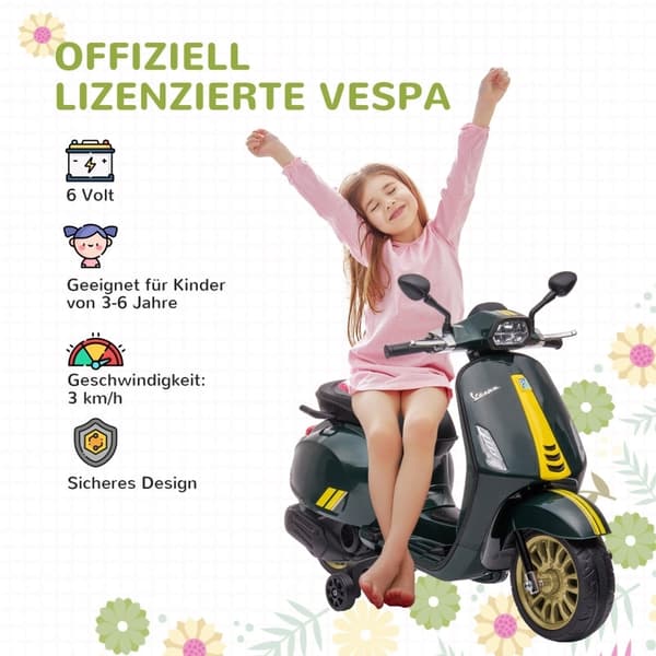 Rootz 6V Vespa elektrisk motorcykel för barn - Åkande motorcykel - Träningshjul - Strålkastare och musik - Stabil och säker - 107cm x 47cm x 73cm