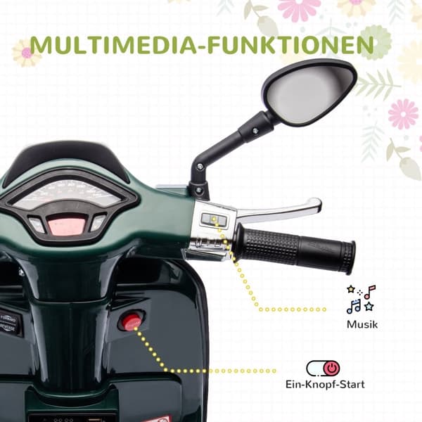 Rootz 6V Vespa elektrisk motorcykel för barn - Åkande motorcykel - Träningshjul - Strålkastare och musik - Stabil och säker - 107cm x 47cm x 73cm