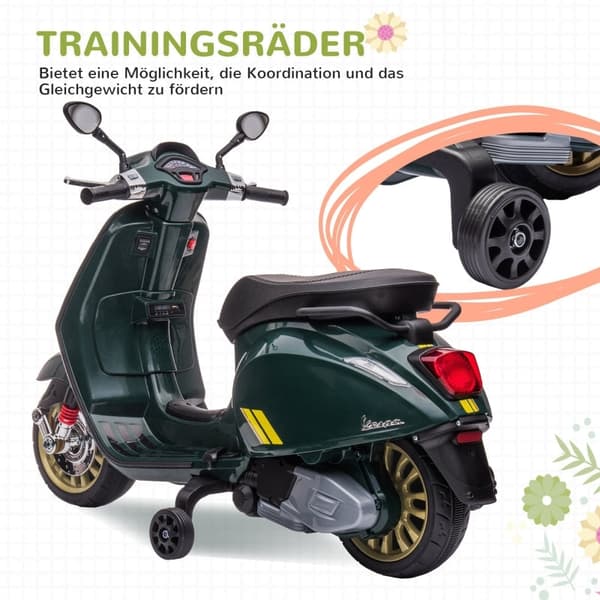 Rootz 6V Vespa elektrisk motorcykel för barn - Åkande motorcykel - Träningshjul - Strålkastare och musik - Stabil och säker - 107cm x 47cm x 73cm