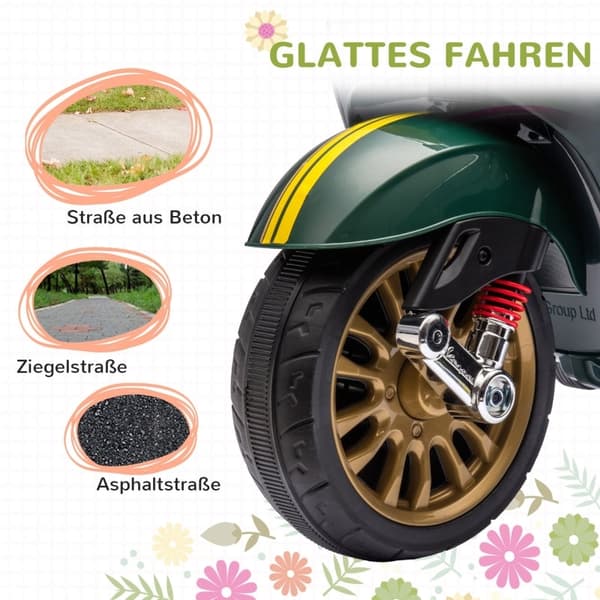 Rootz 6V Vespa elektrisk motorcykel för barn - Åkande motorcykel - Träningshjul - Strålkastare och musik - Stabil och säker - 107cm x 47cm x 73cm