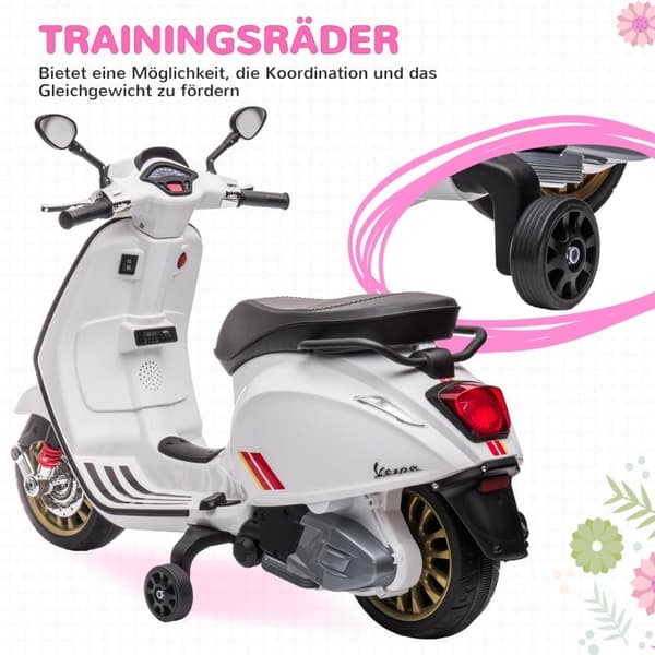 Rootz 6V Vespa elektrisk motorcykel - Ride-On Bike til børn - Træningshjul - 3 km/t - 107 cm x 47 cm x 73 cm