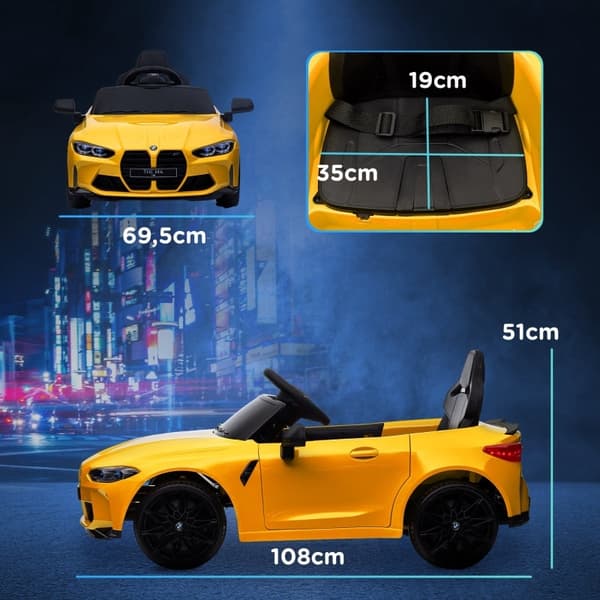 Rootz BMW M4 Elbil för barn - Ride On Toy - Batteridriven - 12V - 3-5km/h - Licensierad - Fjärrkontroll - Arbetsljus - Musik - Gul - 108L x 69,5W x 51