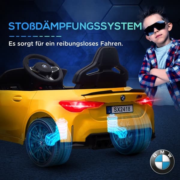 Rootz BMW M4 Elbil för barn - Ride On Toy - Batteridriven - 12V - 3-5km/h - Licensierad - Fjärrkontroll - Arbetsljus - Musik - Gul - 108L x 69,5W x 51