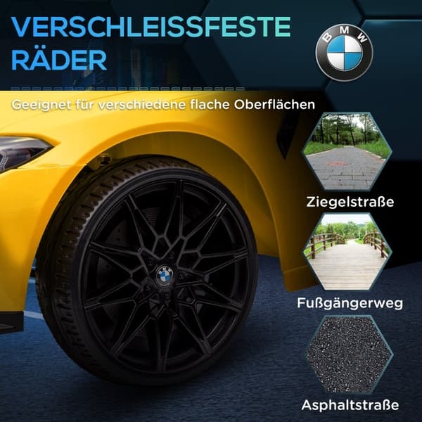 Rootz BMW M4 Elbil för barn - Ride On Toy - Batteridriven - 12V - 3-5km/h - Licensierad - Fjärrkontroll - Arbetsljus - Musik - Gul - 108L x 69,5W x 51