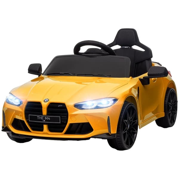 Rootz BMW M4 elbil til børn - Ride On Toy - Batteridrevet - 12V - 3-5km/t - Licenseret - Fjernbetjening - Arbejdslys - Musik - Gul - 108L x 69,5W x 51