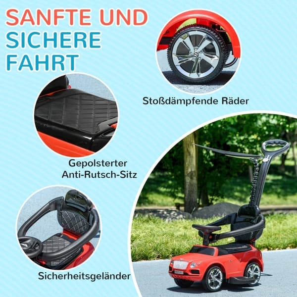 Rootz Bentley Bentayga -lisensoitu 3-in-1-ajoauto - Työntöauto - Taaperoauto - Irrotettava kuomu - Liukumaton istuin - Hiljaiset pyörät - Punainen+mus