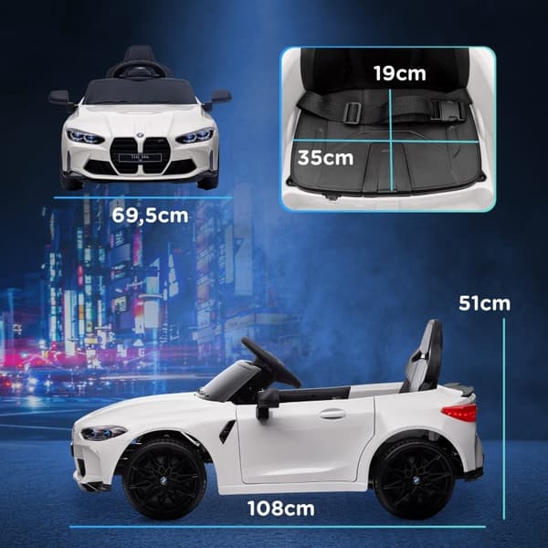 Rootz BMW M4 elektrisk kørende bil til børn - Licenseret børnekøretøj - Fjernbetjening og manuel styring - Realistisk lys og musik - 108 cm x 69,5 cm