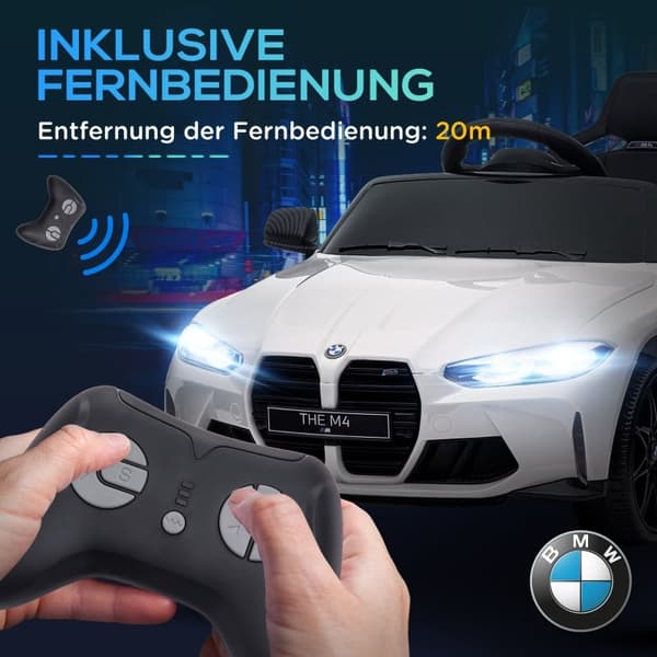Rootz BMW M4 elektrisk kørende bil til børn - Licenseret børnekøretøj - Fjernbetjening og manuel styring - Realistisk lys og musik - 108 cm x 69,5 cm