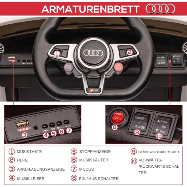 Rootz Kids -sähköurheiluauto - Ajettava leluauto - Lasten ajoneuvo - Realistinen muotoilu - MP3-soitin - Kaukosäädin - Valkoinen - 102cm x 60cm x 44cm