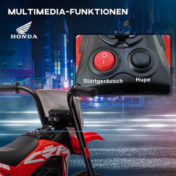 Rootz Honda CRF450RL Sähkökäyttöinen lasten moottoripyörä - Punainen+musta - Ajettava lelu - Asfalttiseikkailut - Realistiset äänet - 71L x 40,5W x 43