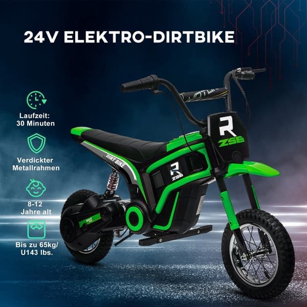 Rootz Kids -sähkömoottoripyörä - Lasten ajopyörä - 24 V moottori - Integroitu musiikki ja valot - Iskuja vaimentavat pyörät - Vihreä - 119 cm x 64 cm