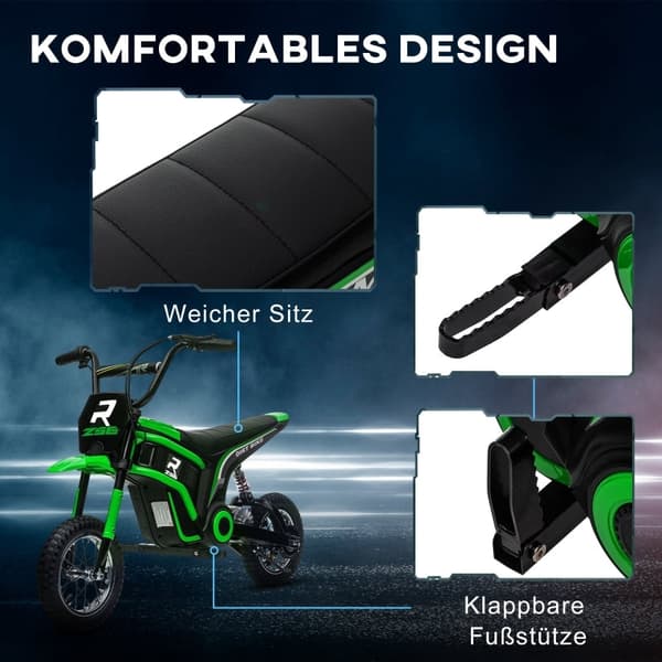 Rootz Kids -sähkömoottoripyörä - Lasten ajopyörä - 24 V moottori - Integroitu musiikki ja valot - Iskuja vaimentavat pyörät - Vihreä - 119 cm x 64 cm