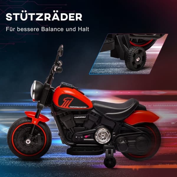 Rootz Kids elektrisk motorcykel - Rød+Sort - Ride-On Legetøj - Forlygte - Træningshjul - Udvikler hånd-øje koordination - 76cm x 42cm x 57cm