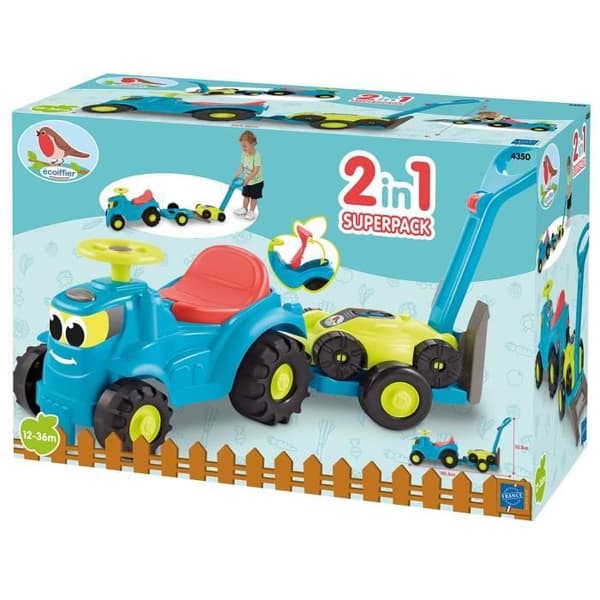 Carrier Traktor trailer + gräsklippare 103,5 cm - ECOIFFIER - För baby - Flerfärgad - Ursprung Frankrike Garanterat