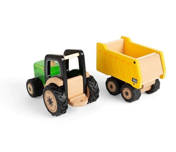 Tidlo landsbygdstraktor och släpvagn i trä, med djupa gummidäck, från 3 år
