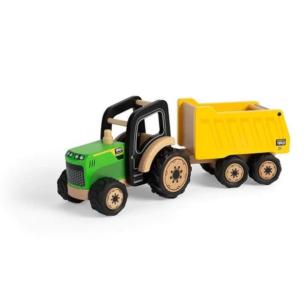 Tidlo landsbygdstraktor och släpvagn i trä, med djupa gummidäck, från 3 år