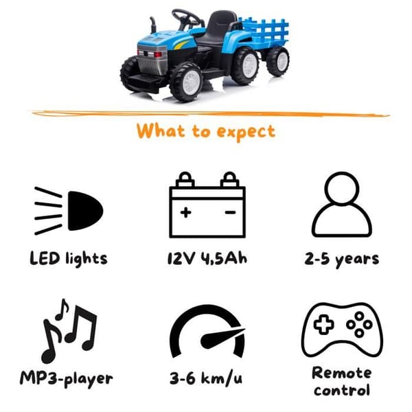 Elektrisk Traktor T7 - med Transportvagn - 12V Batteri - 2 till 5 år - Blå