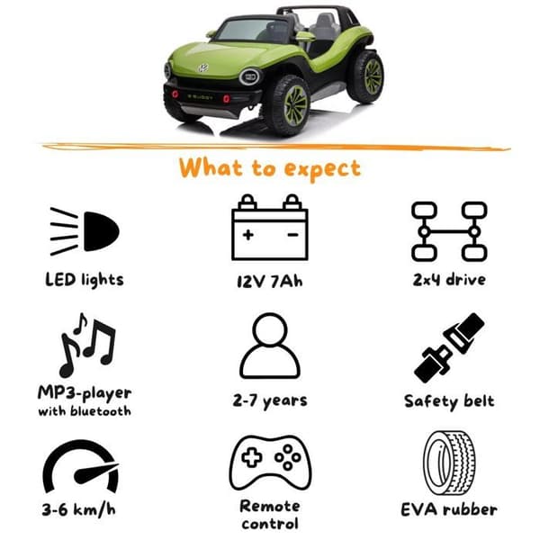 Elbilsbuggy Barn - Volkswagen E-Buggy - 12V - 2 till 7 år - Grön