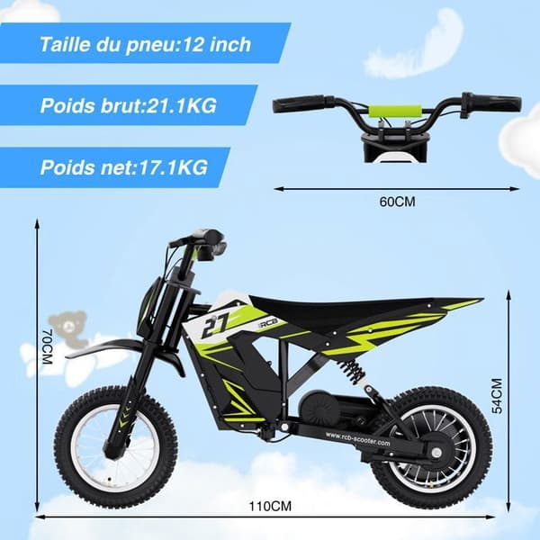 RCB Elmotorcykel för barn - Tre hastighetslägen - 36V/4AH Batteri Grön