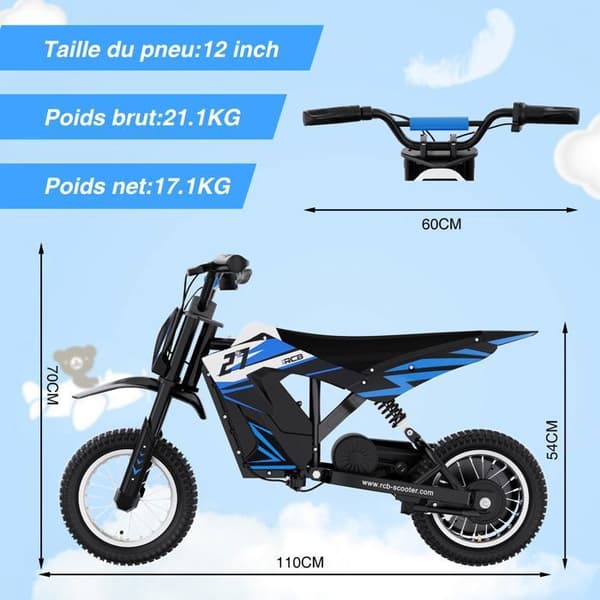 RCB Elmotorcykel för barn - Tre hastighetslägen - 36V/4AH Batteriblått