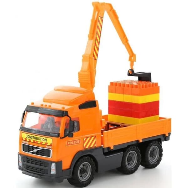 Polesie Volvo PowerTruck-lastbil med kranarm + Byggsats SuperMix-30 på pall (brick), Plast, Orange, Svart, Lastbil