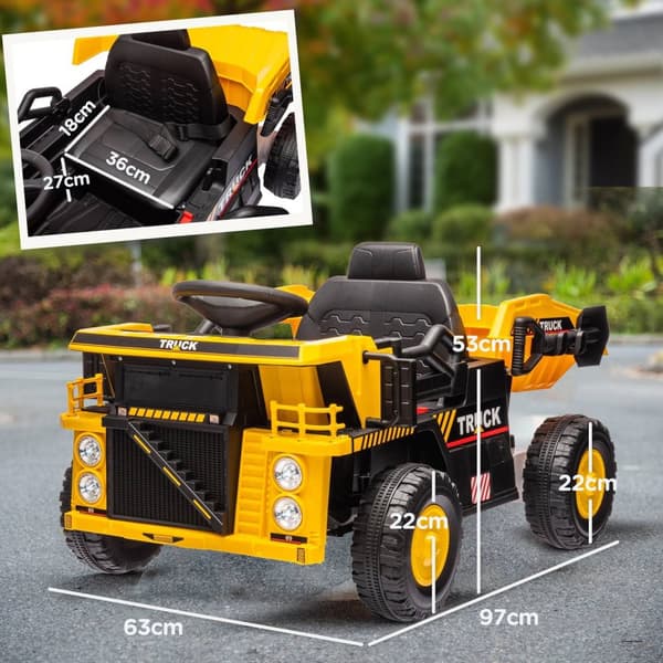 Rootz Electric Dump Truck Ride -On Car - Children’s Vehicle - Kids Tractor - Vipting Load Area - Lights & Music - 97 cm x 63 cm x 53 cm