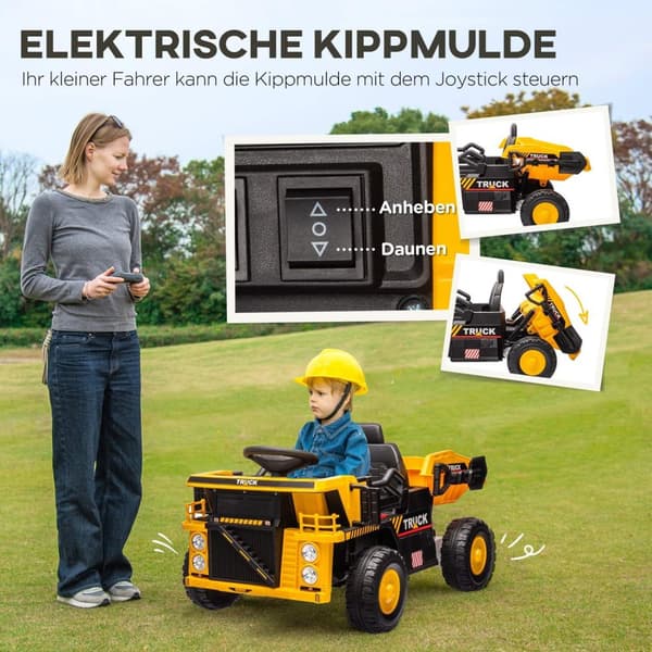 Rootz Electric Dump Truck Ride -On Car - Children’s Vehicle - Kids Tractor - Vipting Load Area - Lights & Music - 97 cm x 63 cm x 53 cm