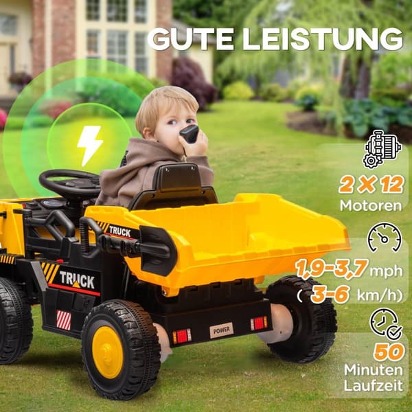 Rootz Electric Dump Truck Ride -On Car - Children’s Vehicle - Kids Tractor - Vipting Load Area - Lights & Music - 97 cm x 63 cm x 53 cm