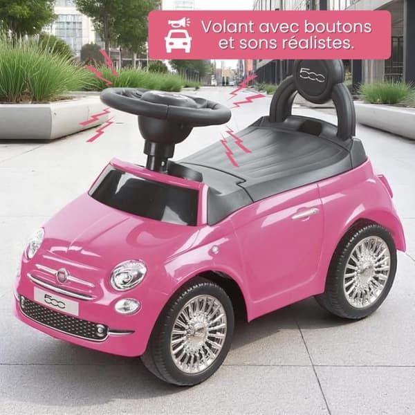 DEVESSPORT - Bärare Fiat 500 - Rosa För barn från 12 till 36 månader, ratt med horn och ljud, förvaringsutrymme och ryggstöd