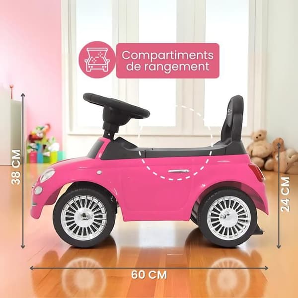 DEVESSPORT - Bärare Fiat 500 - Rosa För barn från 12 till 36 månader, ratt med horn och ljud, förvaringsutrymme och ryggstöd