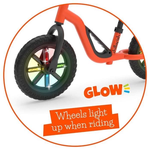 CHARLIE GLOW Orange balanscykel: Ljusande hjul, punkteringssäkra däck, höj- och sänkbart säte och styre, från 18 till 48 månader