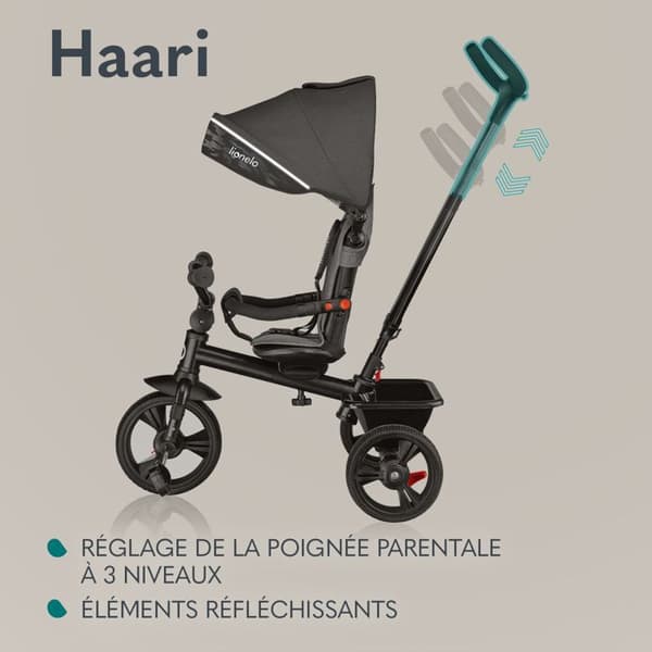 LIONELO Haari - Evolutionär Baby Trehjuling - Upp till 25 Kg - Vändbar sits - Stor väska Korg - Mugghållare - Frihjul - Svart