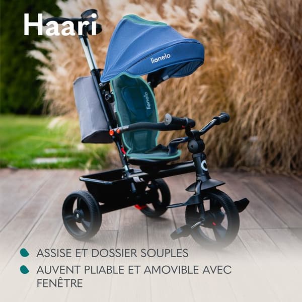 LIONELO Haari - Evolutionär Baby Trehjuling - Upp till 25 Kg - Vändbar sits - Stor väska Korg - Mugghållare - Frihjul - Svart