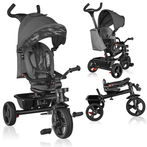 LIONELO Haari - Evolutionär Baby Trehjuling - Upp till 25 Kg - Vändbar sits - Stor väska Korg - Mugghållare - Frihjul - Svart
