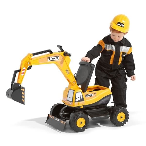 Pelletmaskin JCB för barn från 3 år med öppningsbart säte och hjälm inkluderad - Märke Falk - Gul - 4 hjul