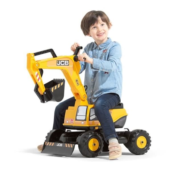Pelletmaskin JCB för barn från 3 år med öppningsbart säte och hjälm inkluderad - Märke Falk - Gul - 4 hjul