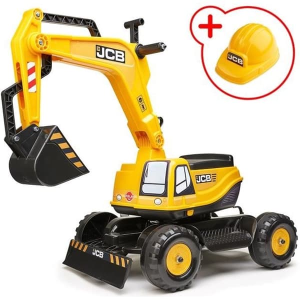 Pelletmaskin JCB för barn från 3 år med öppningsbart säte och hjälm inkluderad - Märke Falk - Gul - 4 hjul