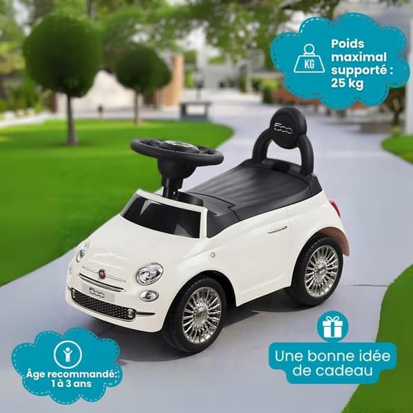 DEVESSPORT Barnbär Fiat 500 Vit, Officiell Licens, Ljud & Musik på Rat, Säte Med Förvaringsutrymme, Idealisk För 1-3 År