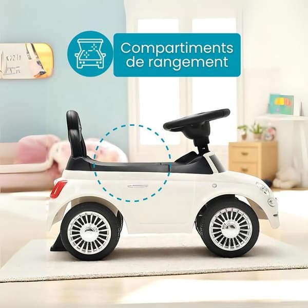 DEVESSPORT Barnbär Fiat 500 Vit, Officiell Licens, Ljud & Musik på Rat, Säte Med Förvaringsutrymme, Idealisk För 1-3 År