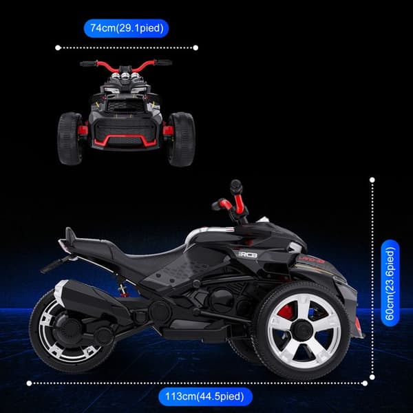 Barnmotorcykel Trike RCB - 3 Hjul - Dubbel Hastighet - Bluetooth - Dubbel Motor - 12V Batteri - Fjädring - RM3 Svart