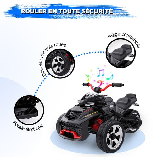 Barnmotorcykel Trike RCB - 3 Hjul - Dubbel Hastighet - Bluetooth - Dubbel Motor - 12V Batteri - Fjädring - RM3 Svart