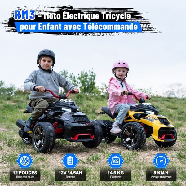 Barnmotorcykel Trike RCB - 3 Hjul - Dubbel Hastighet - Bluetooth - Dubbel Motor - 12V Batteri - Fjädring - RM3 Svart