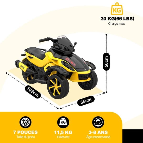 Barns Elektrisk Triangelmotorcykel RCB - 3 Hjul - Dubbel Motor - 12V Batteri - Automatisk Broms - LED - RM2 Gul